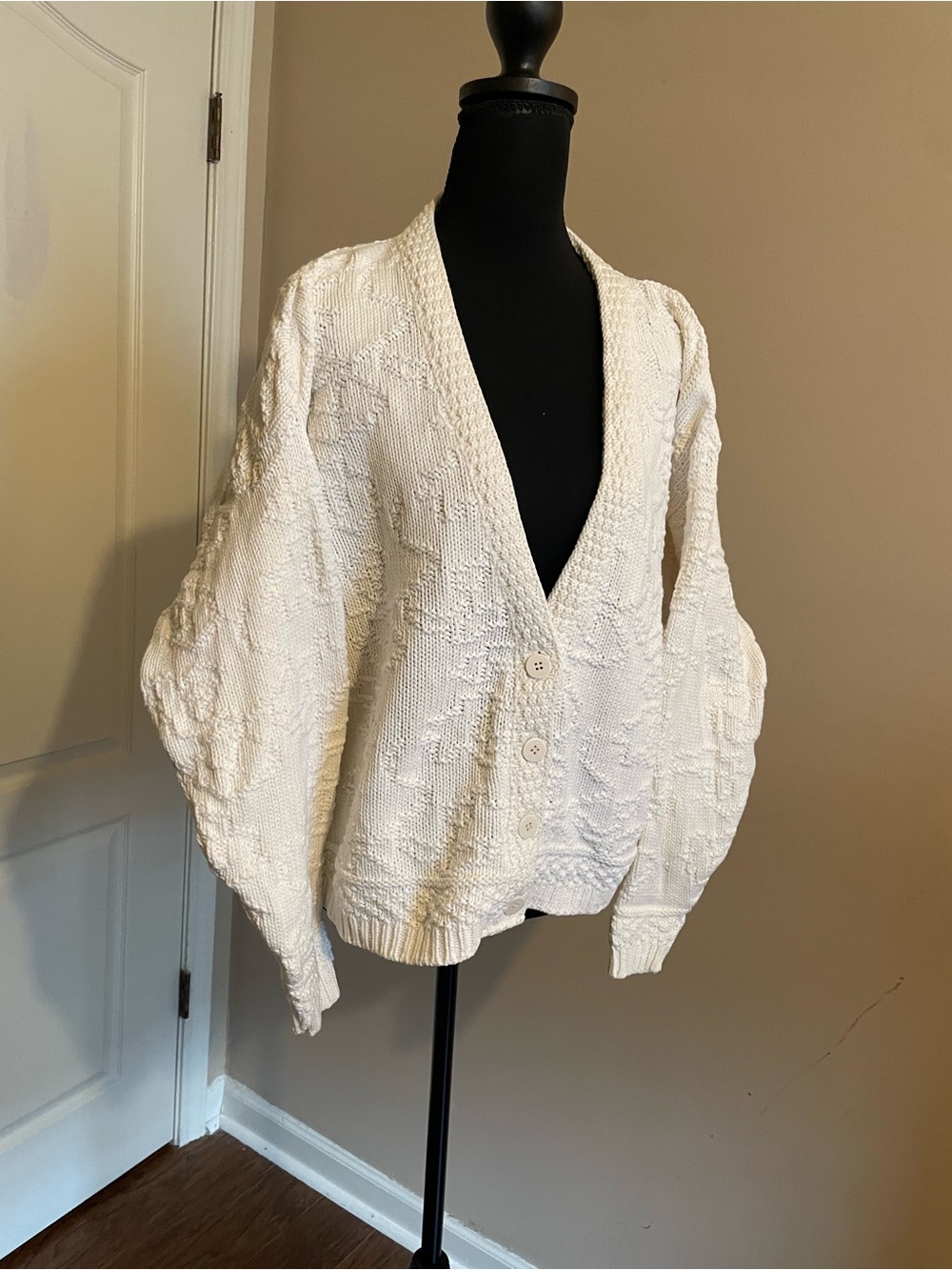 Vintage L.L.Bean USA Cotton Textured Knit Cardigan Sweater Oversized Ivory M - Picture 3 of 9